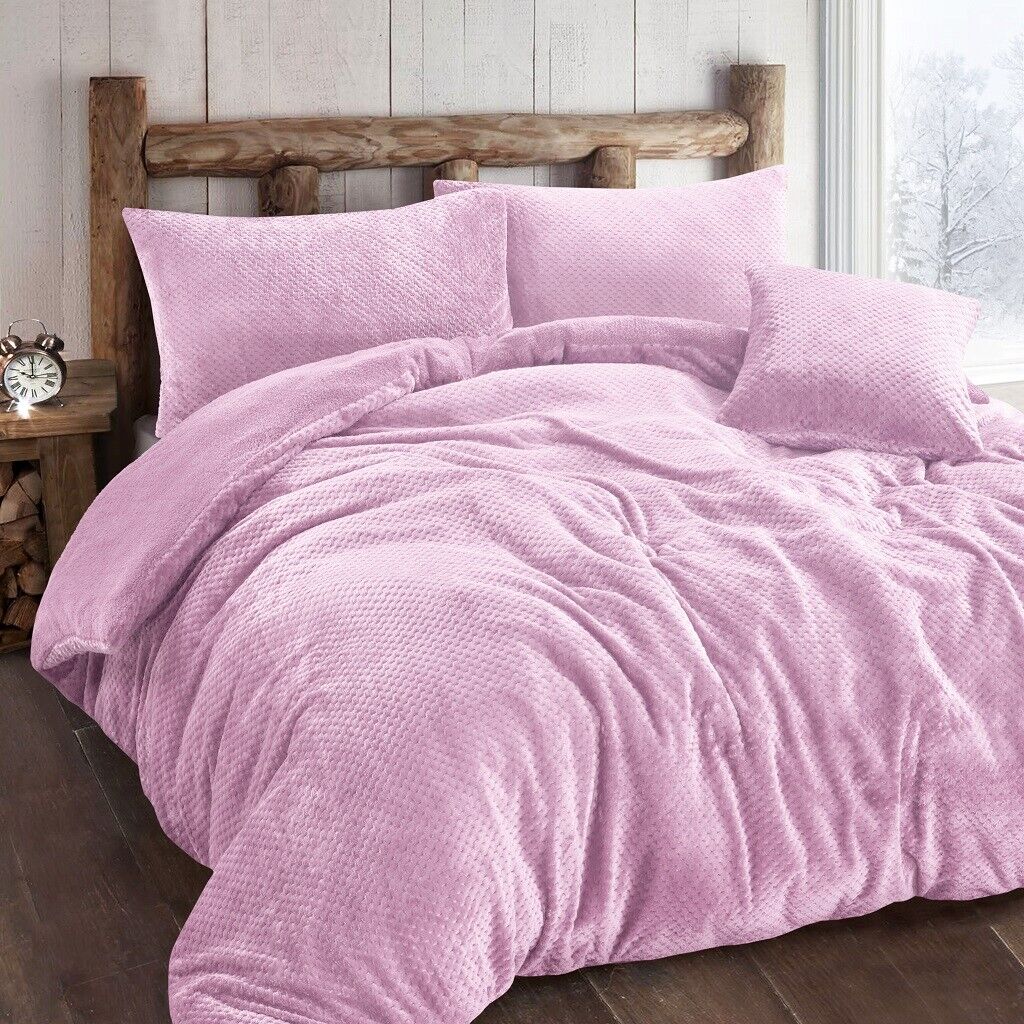 Luxury Teddy Popcorn Waffle Duvet Cover Fleece Warm Quilt Bedding Set All Sizes